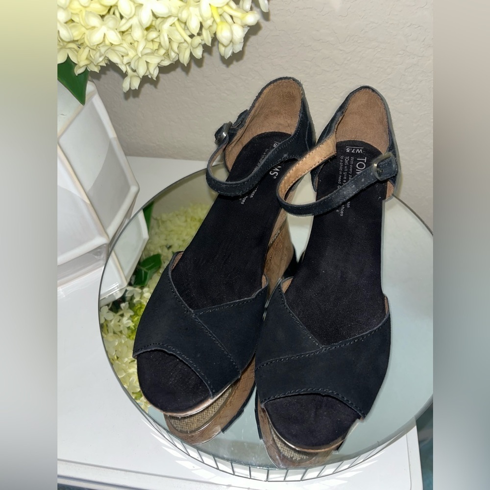 TOMS Black Suede and Cork Wedge Sandals